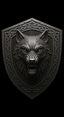 Intricate metallic shield prominently features a snarling canine head sculpted in relief against a dark background
