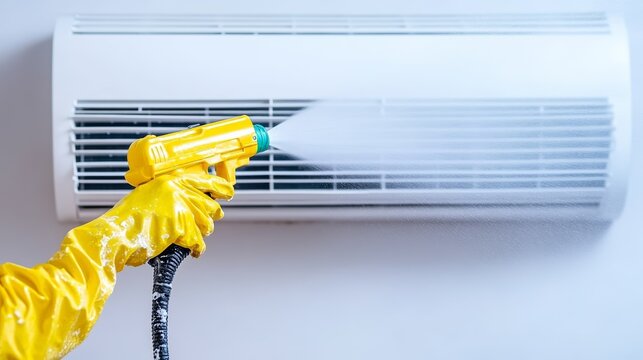 Close up of air conditioning condensing unit being washed with high pressure water spray cleaning