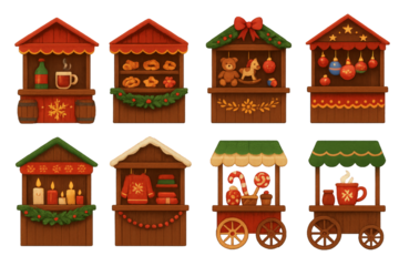 Festive holiday market stalls showcasing winter treats and decorations in a cozy village setting