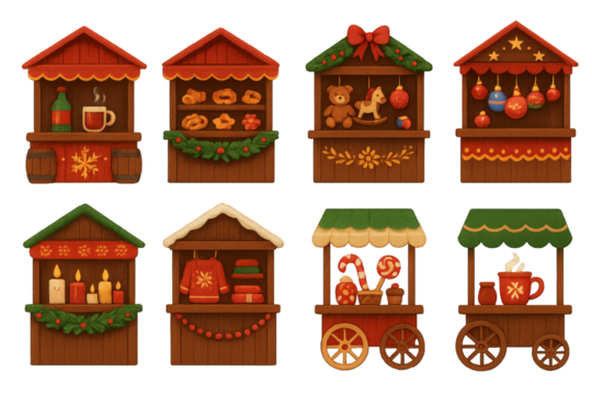Festive holiday market stalls showcasing winter treats and decorations in a cozy village setting