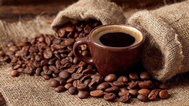 Overhead view of freshly roasted coffee beans and spilled ceramic coffee cup creating chaotic breakfast scene - Powered by Adobe