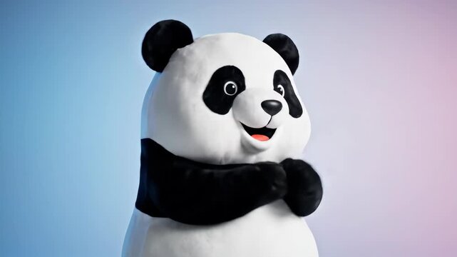 A cheerful and friendly panda mascot stands prominently against a vibrant gradient background, exuding joy and approachability, perfect for branding and entertainment