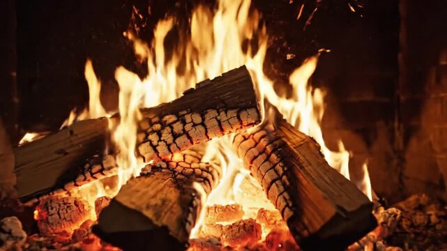 Cozy Fireplace Scene Close-up of burning logs, creating a warm, inviting atmosphere, perfect for relaxation and enjoying the crackling sounds of a wood fire