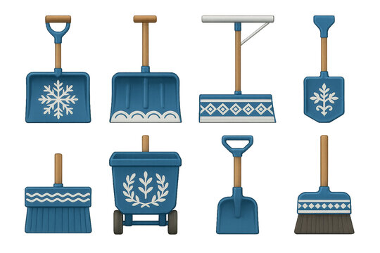 Various winter snow shovels and tools displayed in blue with decorative patterns for efficient snow removal