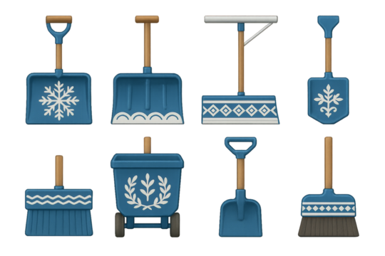 Various winter snow shovels and tools displayed in blue with decorative patterns for efficient snow removal
