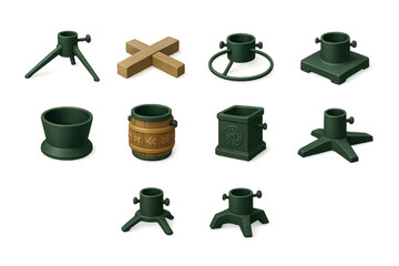 Different types of plant stands and decorative pots for gardens displayed on a white background in a clear layout