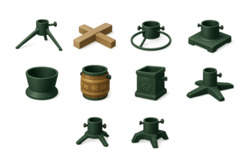 Different types of plant stands and decorative pots for gardens displayed on a white background in a clear layout