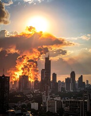 Fototapeta premium A cityscape silhouetted against a fiery sunset and smoke-filled sky, with tall buildings visible in the distance
