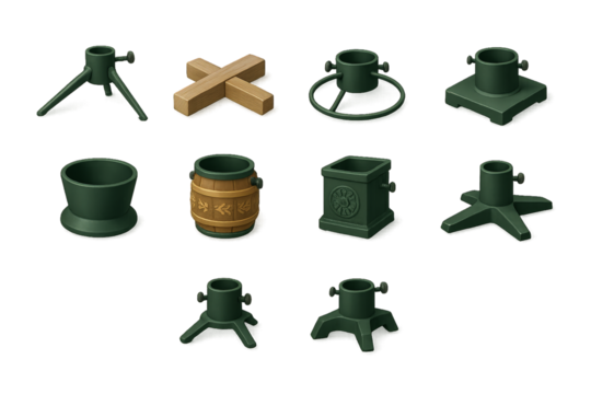 Different types of plant stands and decorative pots for gardens displayed on a white background in a clear layout