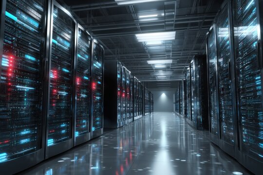 High tech server room showcasing rows of modern servers with sleek designs and dynamic lighting in a state-of-the-art facility