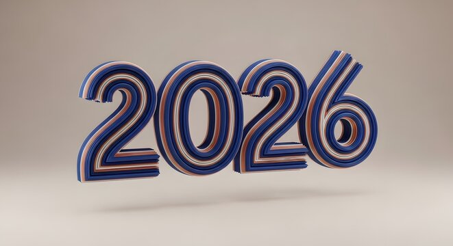 Bold 3d metallic text rendering of the year 2026 floating against a neutral background