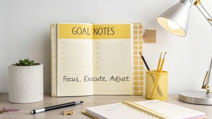 Organized workspace with notebook and stationery for setting and achieving personal goals and notes, planning for success