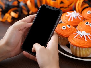 A person holding a smartphone with Halloween cupcakes and decorations in the background.