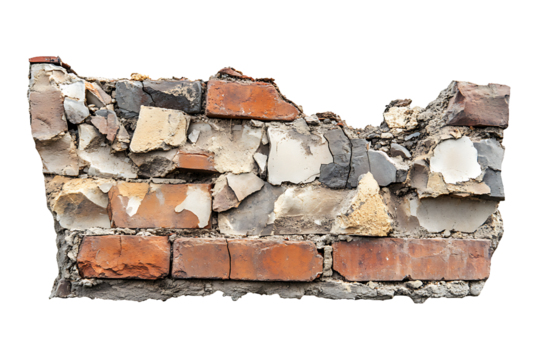 Fragment of a demolished brick wall with a mix of red bricks and white, cracked plaster debris isolated on transparent background