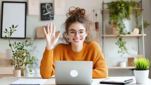 Friendly Greeting: A cheerful woman, working from home, waves hello at her computer's camera while a warm smile graces her face