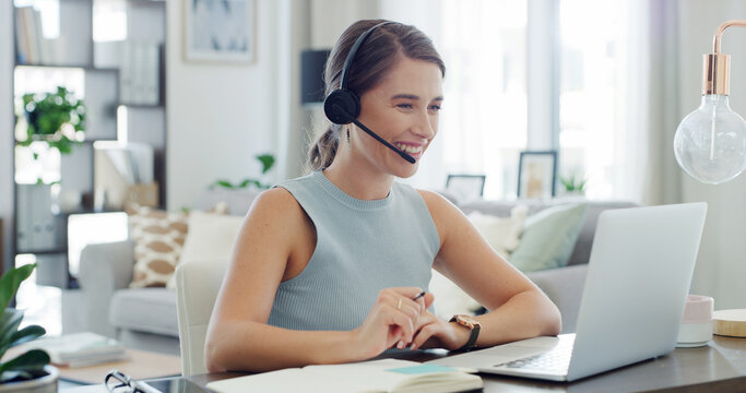 Headset, laptop and support with freelance woman in living room of home for customer service. Communication, computer and smile of remote work employee in apartment for help or virtual assistance