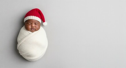 Fototapeta premium Newborn baby wrapped in white blanket wearing Christmas hat 