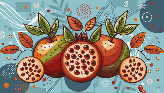 Colorful vector easter eggs with a seamless strawberry and leaf pattern on a yellow and green background for a sweet food design