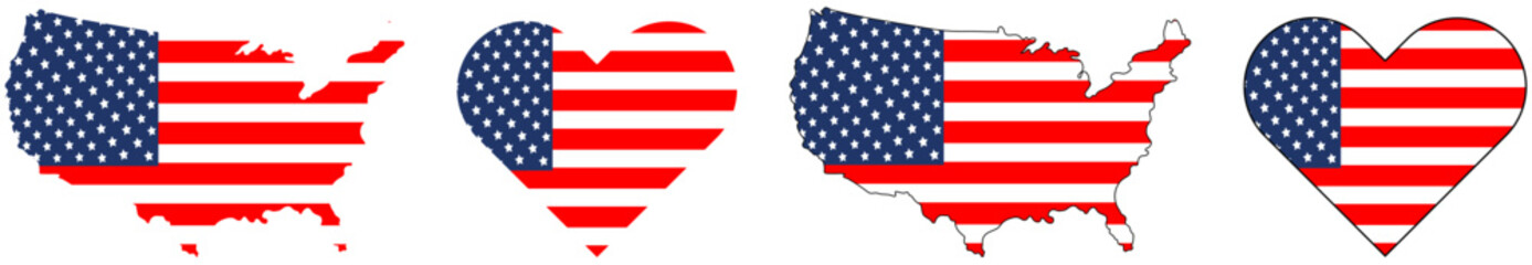 Obraz premium United States map and heart flag vector set featuring American flag colors. Ideal for Independence Day, patriotism, travel, elections, and national celebration design projects. usa, vector, america 