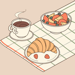 A delightful breakfast scene featuring a croissant, fruit salad, and coffee