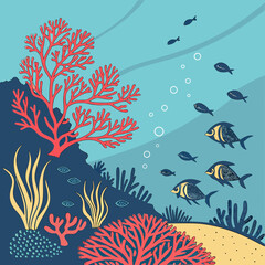 Obraz premium A vibrant underwater scene with coral, fish, and bubbles in blue water