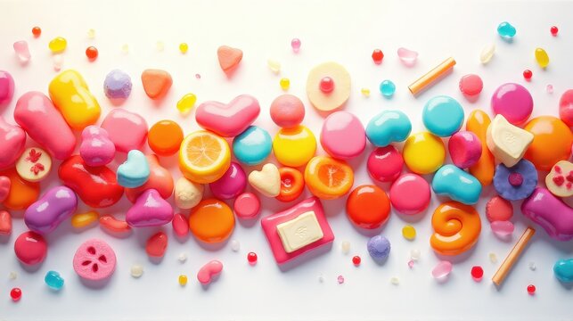 A vibrant assortment of colorful candies and sweets arranged artistically on a white background.