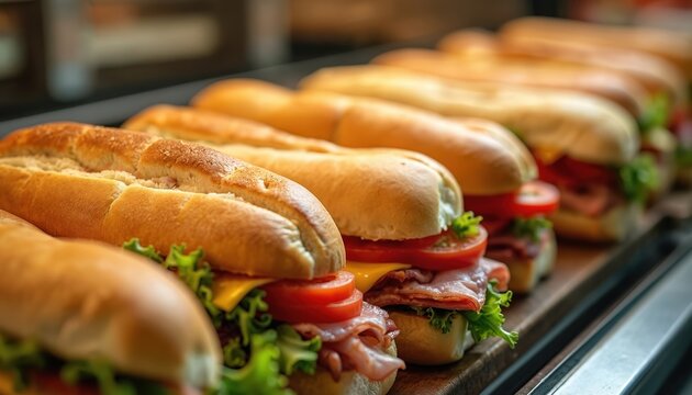 Submarine sandwiches displayed in a deli shop. Variety of subs made with fresh ingredients. Display of meat cheese and vegetable sandwiches. Tasty food perfect for lunch dinner meal or takeaway.