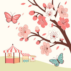 Cherry blossoms and butterflies create a whimsical spring scene
