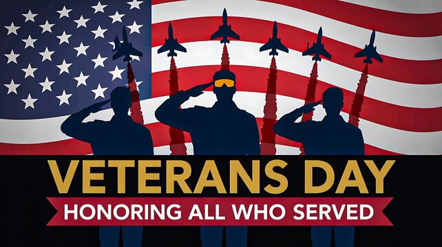 Veterans day poster with soldiers saluting in front of american flag honoring military service
