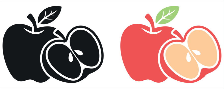 Fresh apple cut in half illustration, black and red color options, perfect for healthy food blogs, nutrition guides, or educational materials about fruit vector.