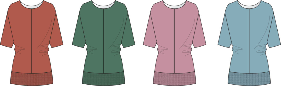 Women's dolman sleeve knit top fashion flat sketch template. Vector illustration of a casual blouse with a cinched waist in multiple color options