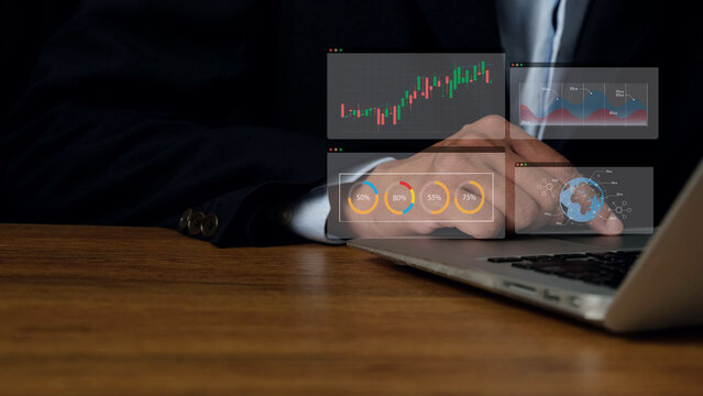Business office working finance    business investment business growth global business financial background graph office background businessman analyzing futuristic financial data on laptop