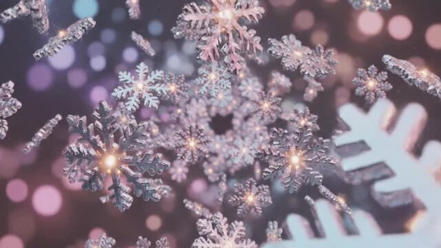 Close-up shot of falling snowflakes, a beautiful winter scene with a bokeh background in various colors, perfect for holiday-themed designs