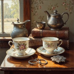 Classic tea setting still life in soft neutral hues symbolizing comfort and afternoon ritual