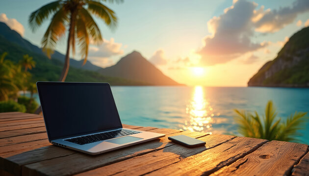 Laptop and smartphone rest on a wooden table by the sea. Palm trees and mountains surround a tranquil bay at sunset. This scene shows remote work and digital nomad lifestyle. - Powered by Adobe