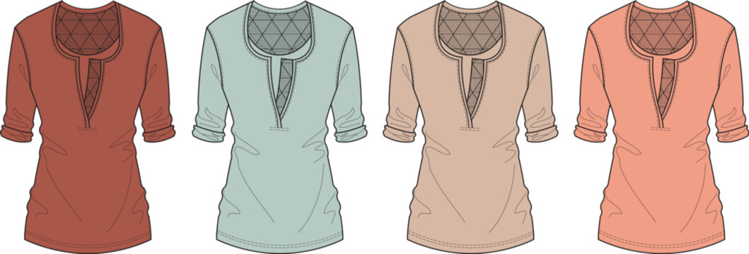 Four men's kurtas in different muted colors displayed side by side in a line
