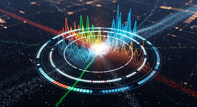 Futuristic holographic interface with data streams and cityscape background - Powered by Adobe