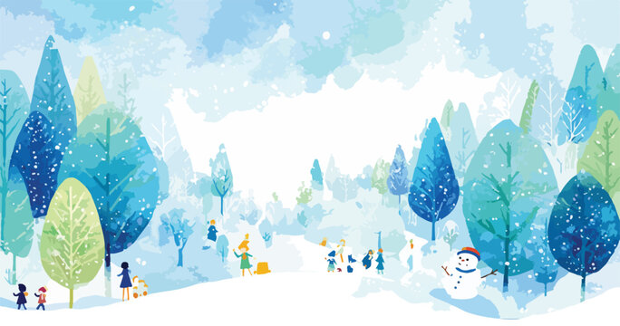 Cena de inverno com crian&ccedil;as brincando na neve, boneco de neve e &aacute;rvores azuis em estilo aquarela.