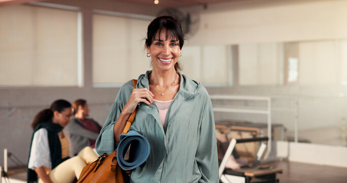 Portrait, woman and instructor in class for pilates, fitness pride and session. Smile, female person and personal trainer for exercise course, training support and join us with membership of wellness - Powered by Adobe