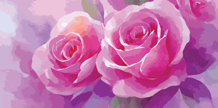 Vetor delicado de rosas cor de rosa em estilo aquarela com fundo roxo suave e rom&acirc;ntico.