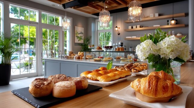 Freshly baked bread and pastries on display in bakery