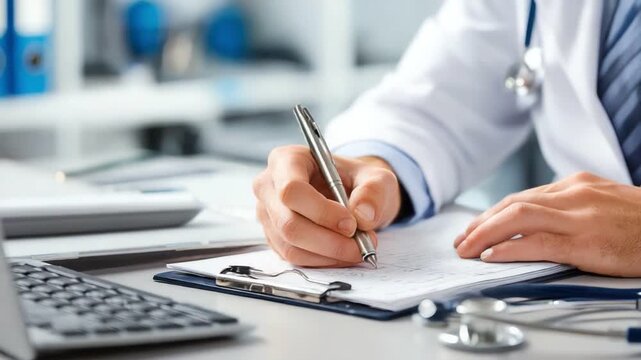 Healthcare Professional at Work: An up-close view captures the focused attention of a medical expert diligently recording important notes with a pen on a clipboard.