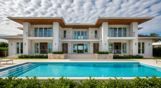 Modern luxury mansion with swimming pool and blue sky clouds