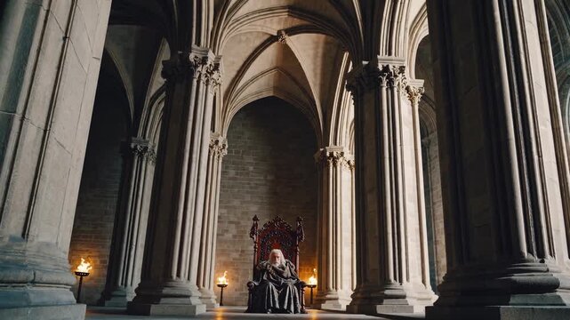 figure seated on throne beneath high arch. robe drapes over seat. candle flickers near column along long aisle. stone wall frames cathedral interior. soft light bathes historic structure. Rich tone.