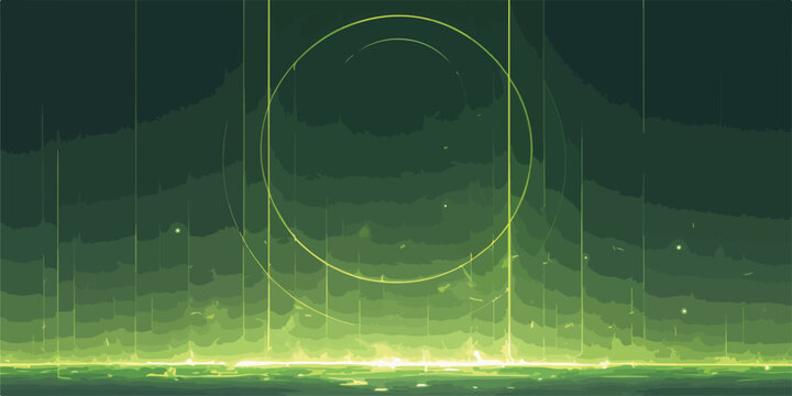 Fundo abstrato digital em tons de verde com formas geom&eacute;tricas circulares e linhas de luz luminosas.