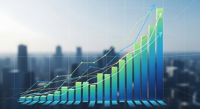 Financial growth chart with rising bars and lines over city skyline - Powered by Adobe