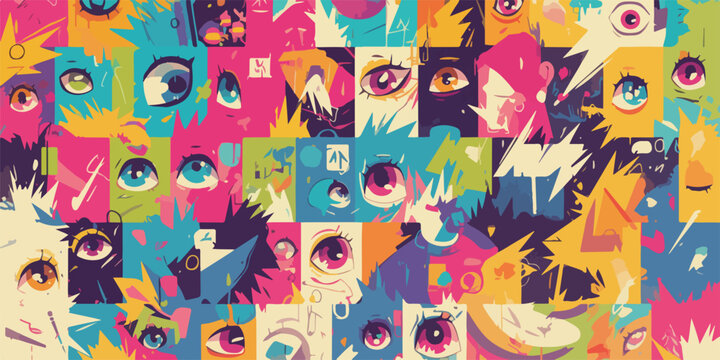 Mosaico vibrante de olhos de anime e mang&aacute; em estilo vetorizado pop art com cores intensas.