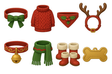 Holiday-themed pet accessories including sweaters, collars, and festive hats for a fun celebration