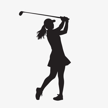 Female golfer swinging club silhouette
