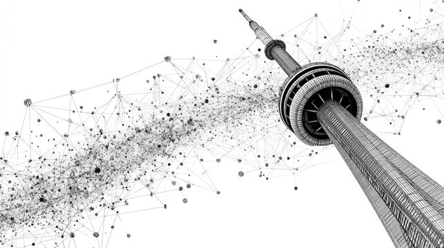 Black and white vector of an office tower connected to global network lines, white background. Represents digital business expansion and corporate networking.